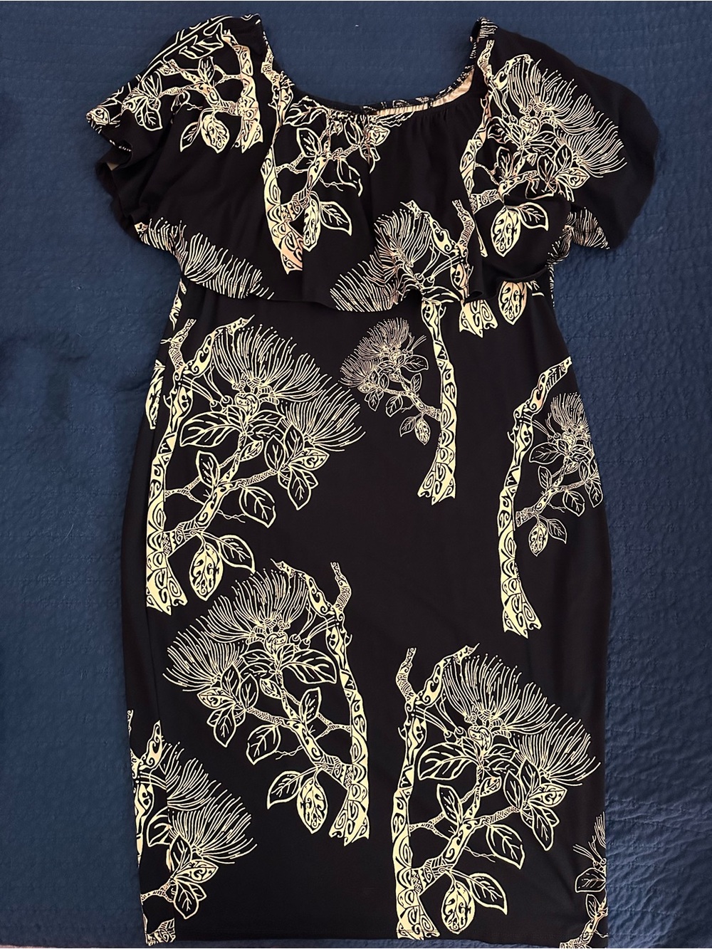 Black & Yellow Women's ruffle shoulder dress Ōhi’a lehua print Hawaiian Aloha